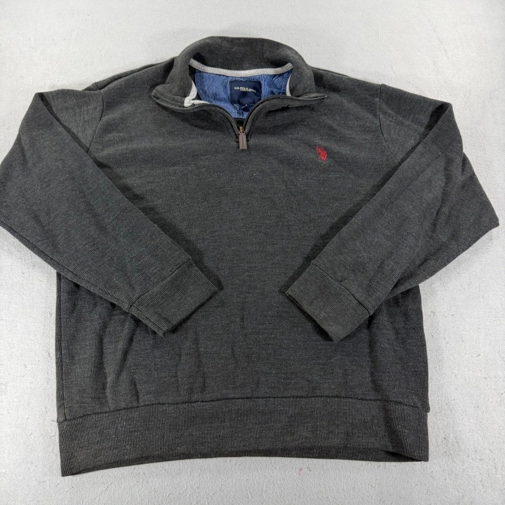 US Polo Assn Quarter Zip Sweater Large‎ Charcoal Gray Ribbed Pullover Mens